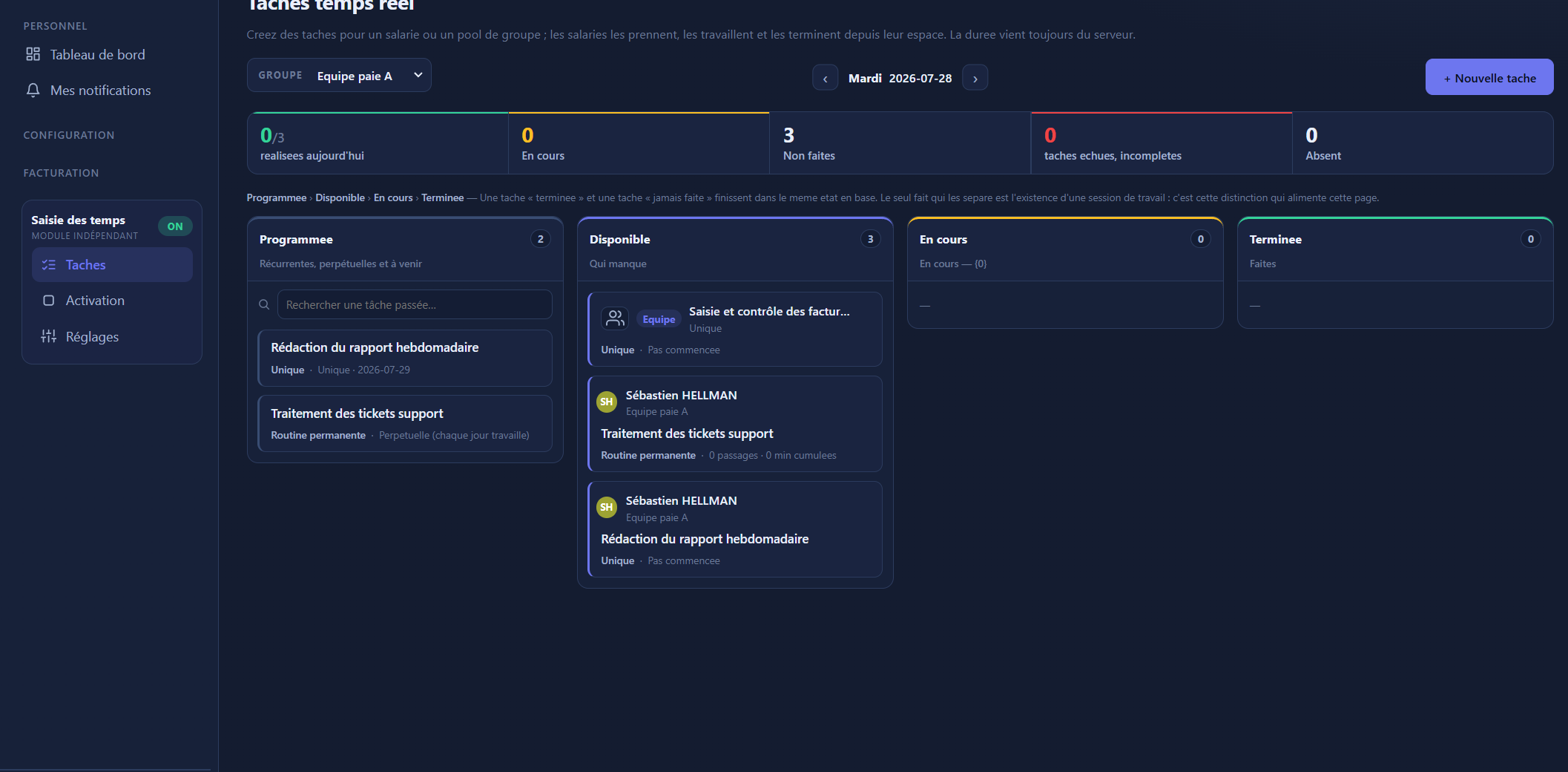 Tableau de suivi des tâches OpusRH : colonnes Programmée, Disponible, En cours et Terminée